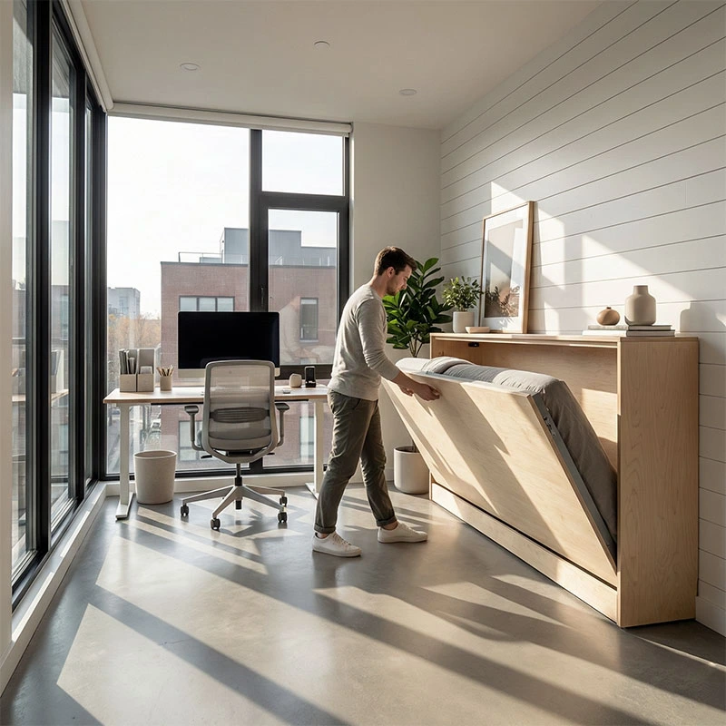 The Benefits of DIY Wall Beds for Montreal Condos Space-saving horizontal side-tilt wall bed closed in a narrow Griffintown micro-condo.