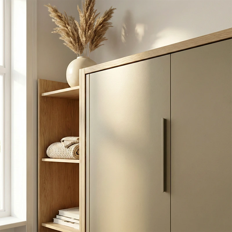 Wall Bed Colours & Designs Trends in Montreal 2026 Japandi style custom wall bed cabinet in Universal Khaki and white oak finish.