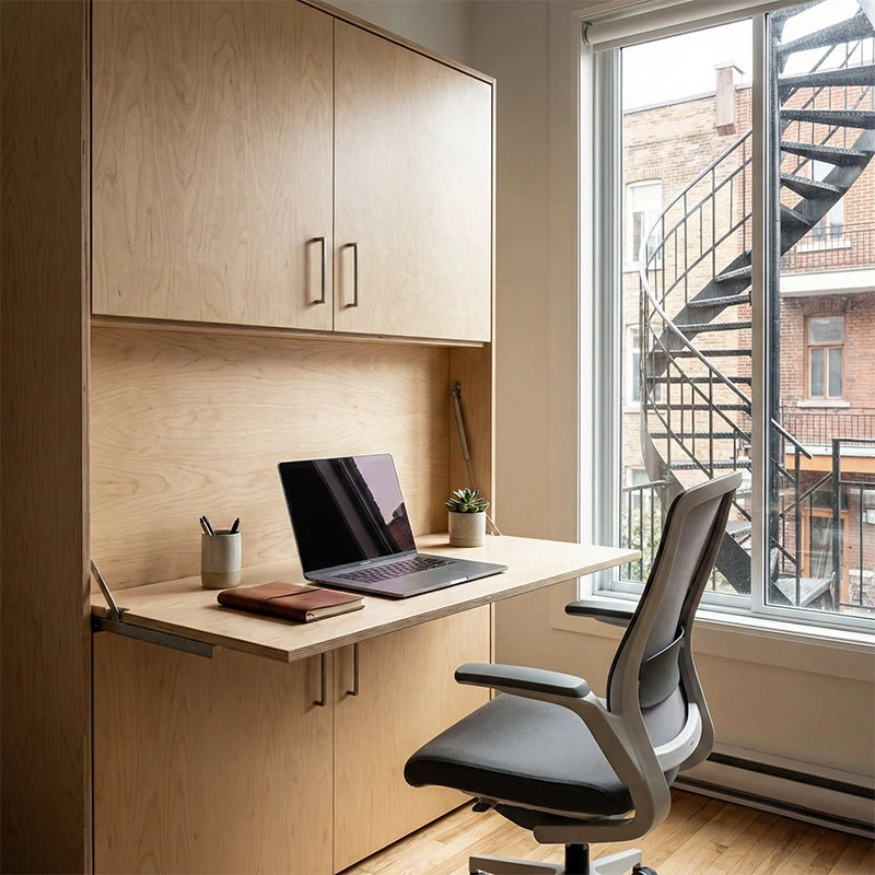 The Benefits of DIY Wall Beds for Montreal Condos Closed Murphy bed featuring a fold-down desk for a compact work-from-home setup.