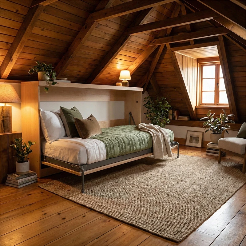Horizontal or Vertical Wall Bed: Montreal Fit? Open horizontal wall bed in a room with a low slanted ceiling.