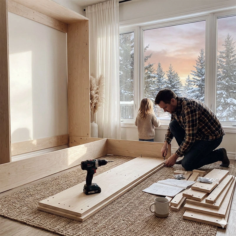 The Benefits of DIY Wall Beds for Montreal Condos Easy DIY wall bed assembly process with pre-drilled ready-to-assemble wood parts.