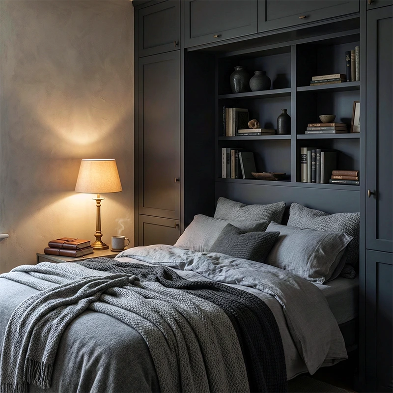 Wall Bed Colours & Designs Trends in Montreal 2026 Dark charcoal Murphy bed painted in Silhouette AF-655 for a cozy bedroom.