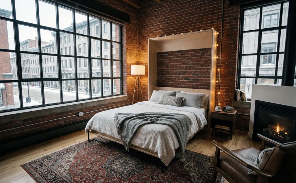 Modern DIY wall bed open in a spacious Old Montreal loft with exposed brick walls.