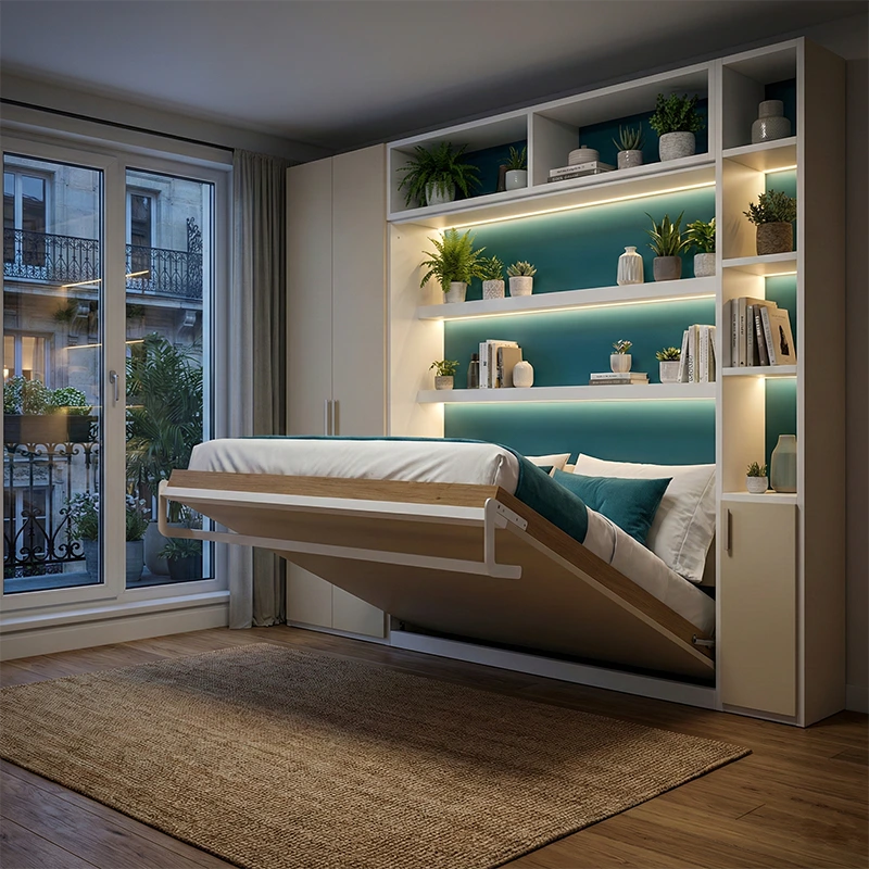 Wall Bed Colours & Designs Trends in Montreal 2026 Open Murphy bed revealing a Transformative Teal painted interior with display shelves.