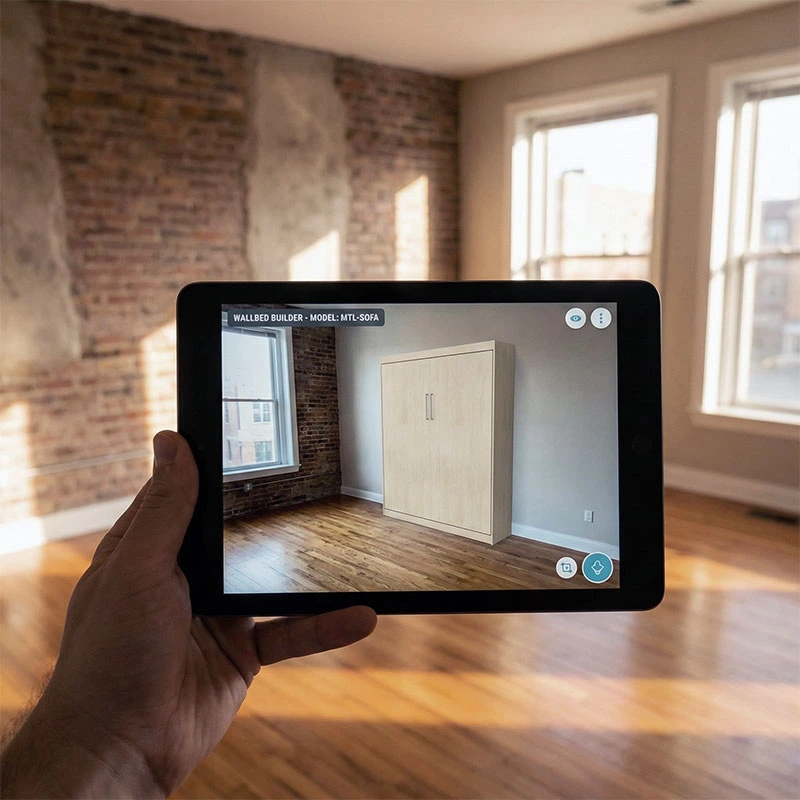 The Benefits of DIY Wall Beds for Montreal Condos Visualizing a custom wall bed configuration using an online 3D design tool on a tablet.