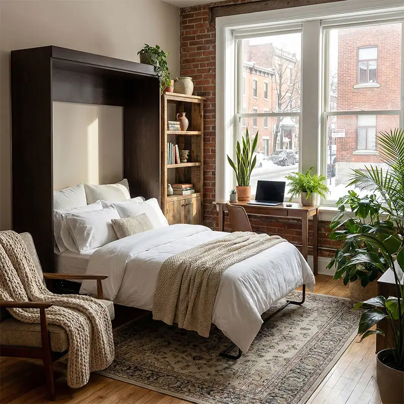 Wall Bed Weight Limits: Safe Sleep in MontrealĀ Custom-designed Murphy bed in a compact Montreal loft apartment illustrating smart interior design and urban space optimization.