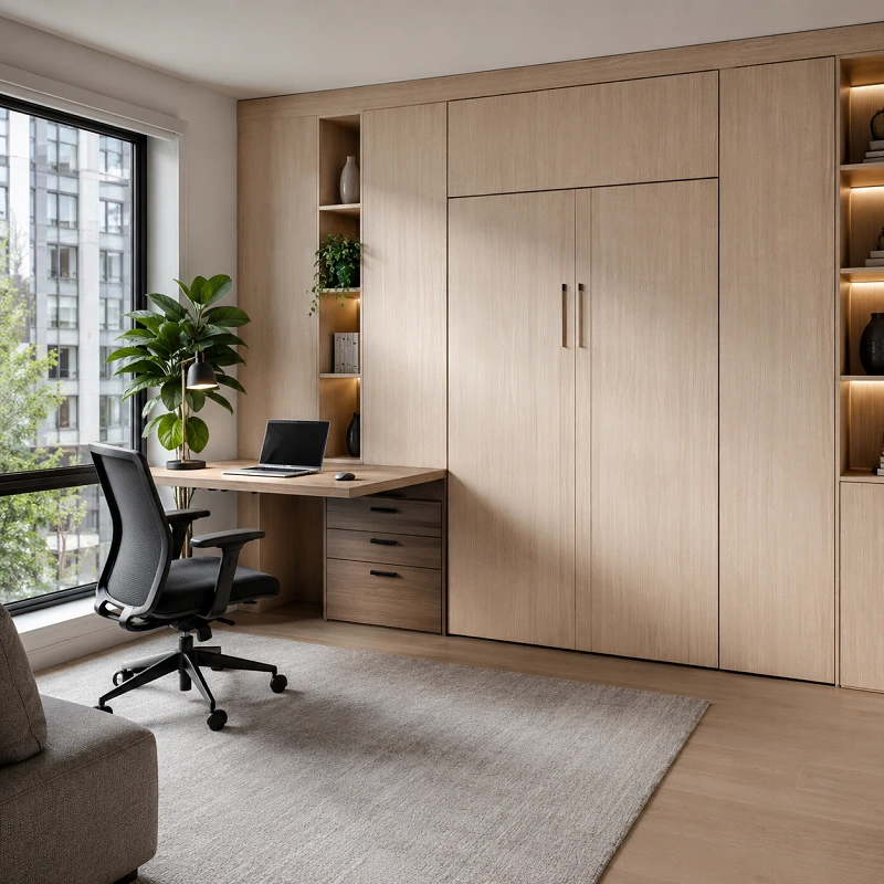 Easy Small Home Office with DIY Wall Bed Horizontal DIY wall bed installed in a small basement home office with low ceilings