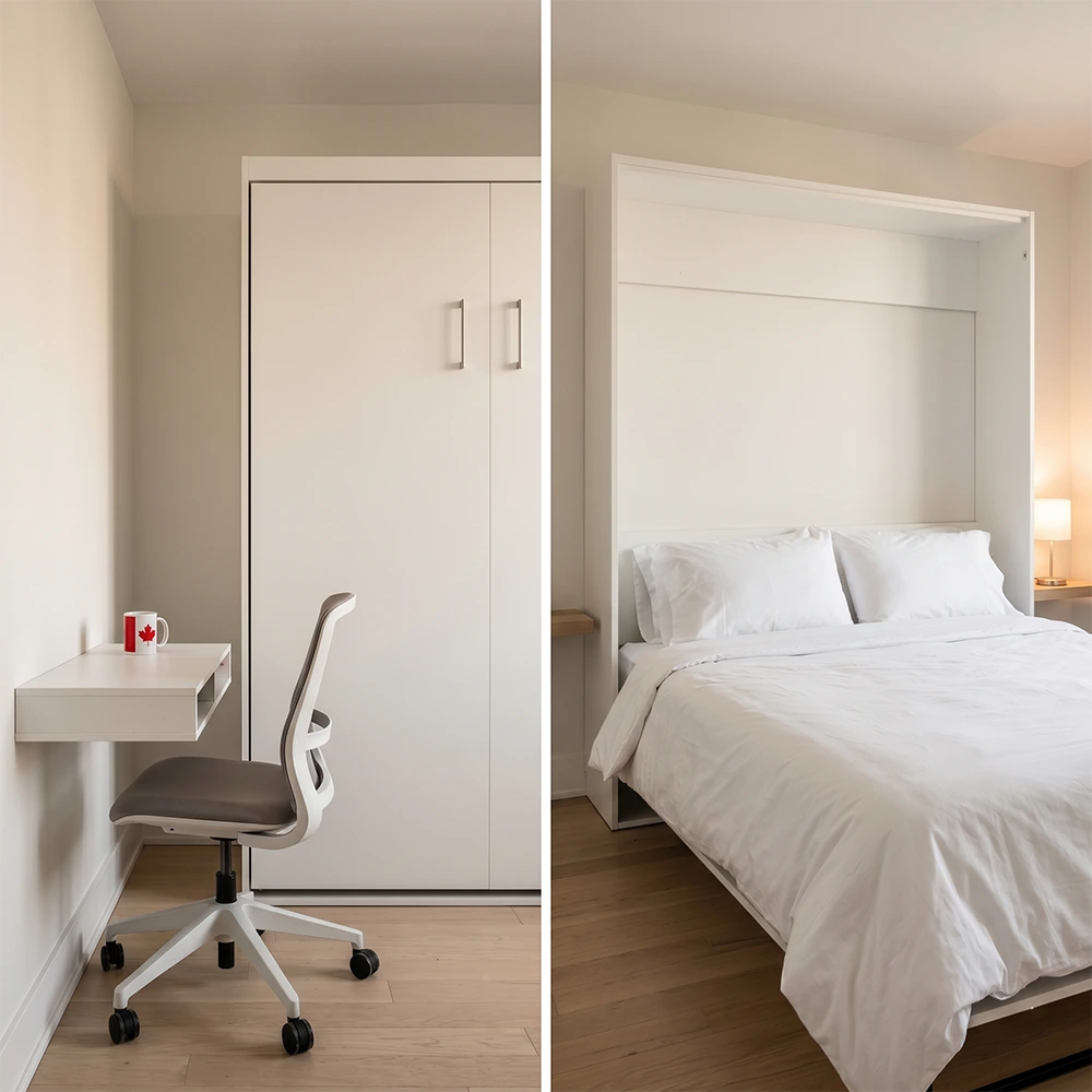 Full vs. Queen Wall Bed: 2026 Size Guide A side-by-side comparison visualization of a closed Full wall bed allowing space for a desk versus an open Queen wall bed maximizing sleep comfort in a modern Canadian condo.