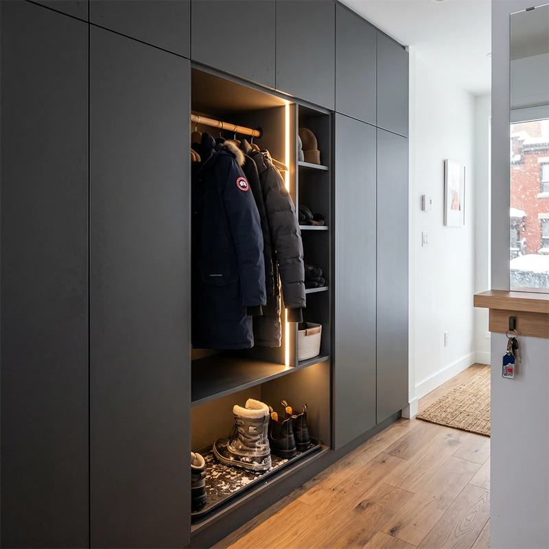 Montreal Small Space Design Mistakes in 2026 Custom DIY entryway mudroom cabinet in a narrow Montreal apartment designed for winter boots and heavy parkas.