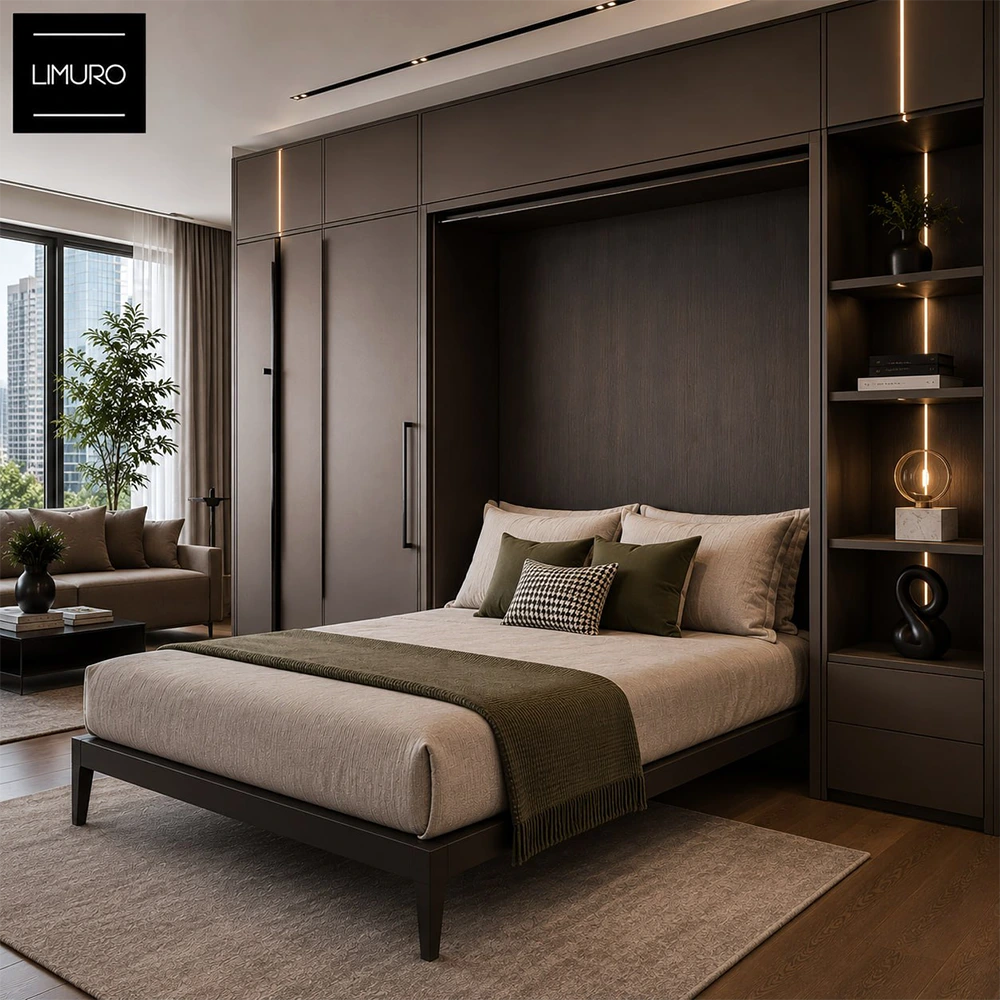 Best Montreal DIY Wall Bed Kit: Top 3 Picks Luxury Limuro wall bed installation featuring custom cabinetry and premium spring mechanism in a Montreal condo.