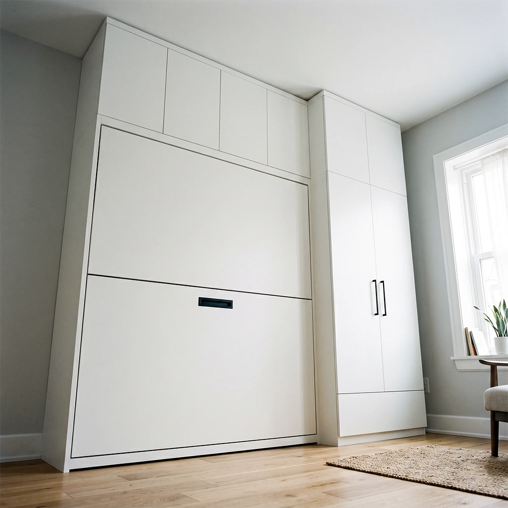 Why a Custom DIY Wall Bed in Montreal Beats IKEA? Closed custom Murphy bed system featuring seamlessly integrated floor-to-ceiling wardrobe and overhead storage