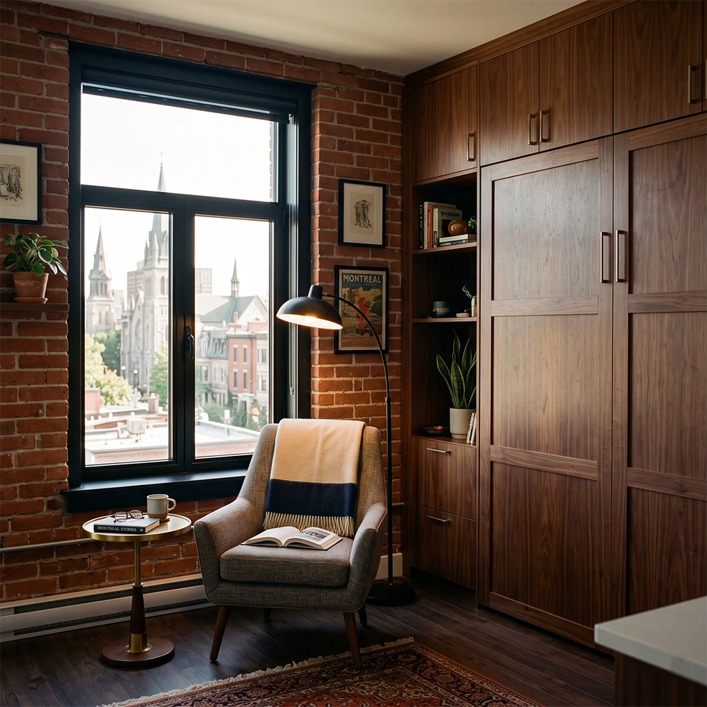 Murphy Bed Hardware Kit Vs. Complete DIY Kit; Which One? Optimized small space in a Montreal apartment featuring a fully integrated, modern hidden wall bed within custom cabinetry.