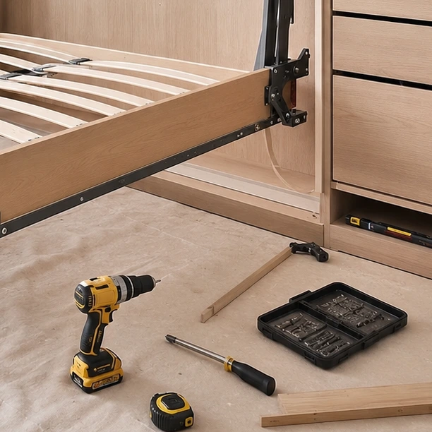 Easy Small Home Office with DIY Wall Bed DIY wall bed assembly process showing custom cabinetry and bed mechanism installation