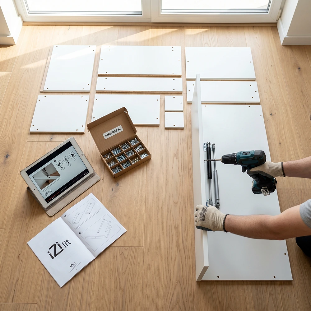 Why a Custom DIY Wall Bed in Montreal Beats IKEA? Organized DIY assembly of a custom wall bed kit showing CNC-cut panels and piston mechanism installation