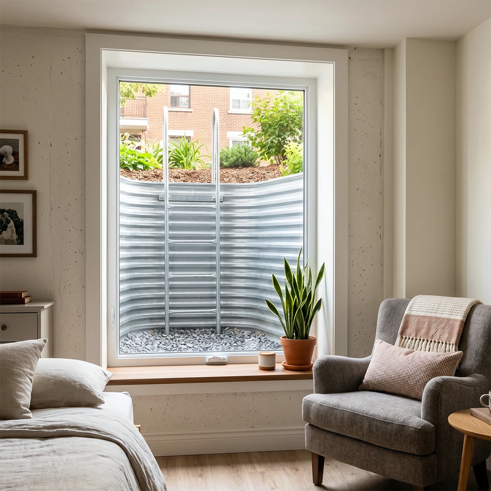7 Top Montreal Low Ceiling Basement Ideas 2026 Newly installed code-compliant egress window bringing natural light into a basement bedroom in Montreal.