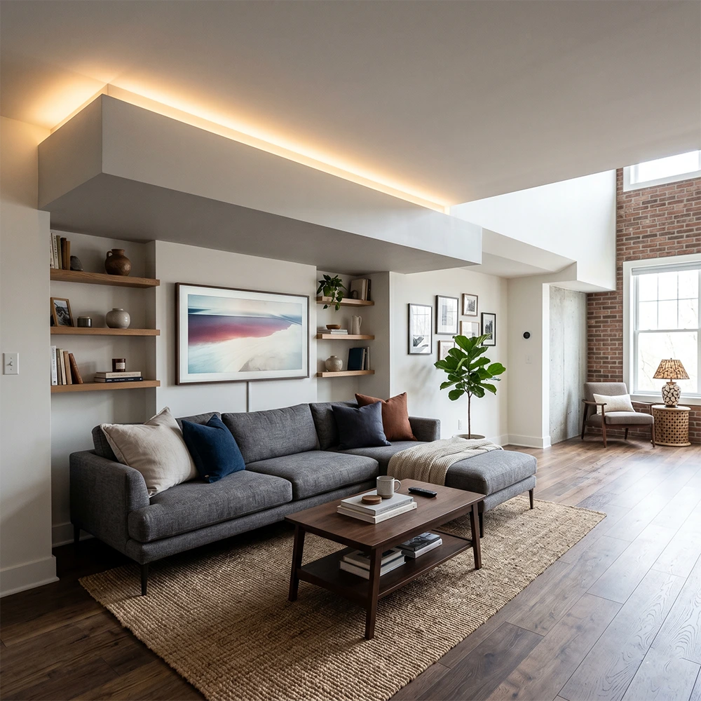 7 Top Montreal Low Ceiling Basement Ideas 2026 Designated media area under a designed bulkhead with lighting in a low-ceiling Montreal duplex basement.