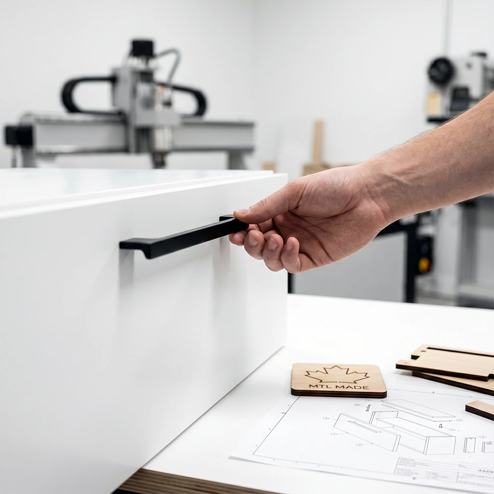 Full vs. Queen Wall Bed: 2026 Size Guide Close-up of high-quality, precision CNC-cut white cabinet panels and sleek handles ready for local custom DIY wall bed assembly in a Montreal workshop.