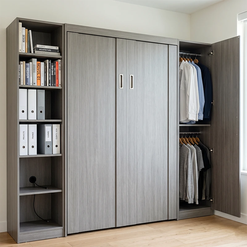 Buying Wall Bed with Storage in Montreal 2026 Detailed view of integrated vertical cabinetry for wall beds featuring adjustable shelves using System 32 standards and wardrobe storage options.
