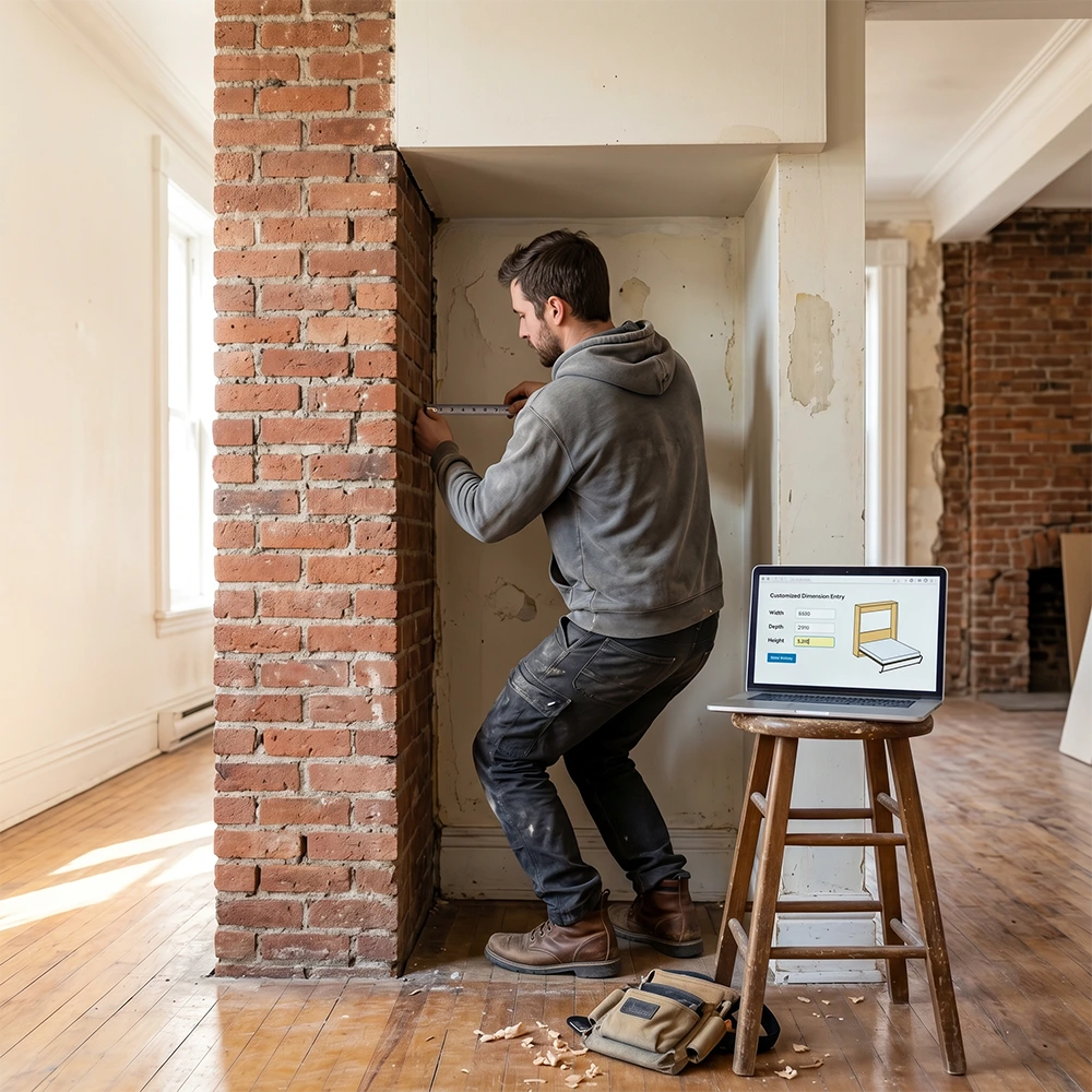 Why a Custom DIY Wall Bed in Montreal Beats IKEA? Measuring an awkward alcove in an old Montreal building for a custom Murphy bed installation