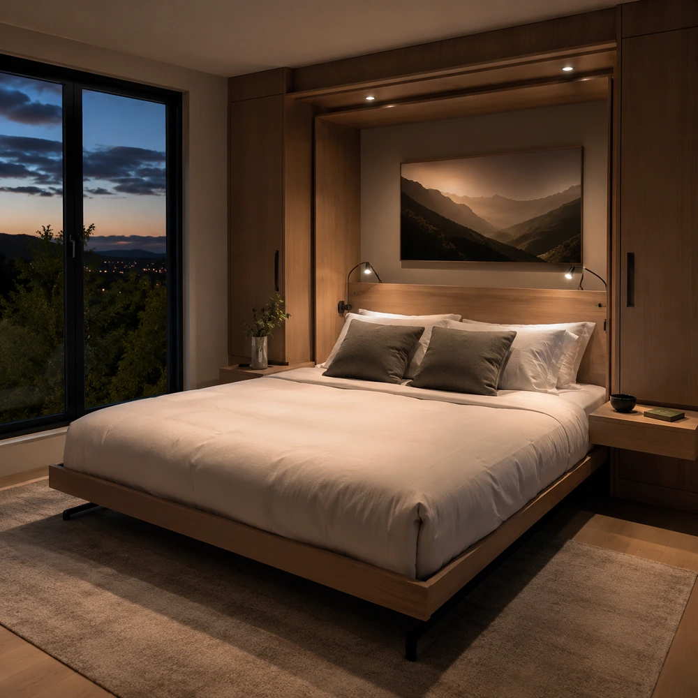 Modern Murphy Bed Design for Montreal Homes (2026) Modern Murphy bed with integrated LED lighting and bedside storage solutions