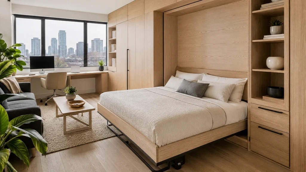 Modern Murphy bed with desk for small home office and remote work setup