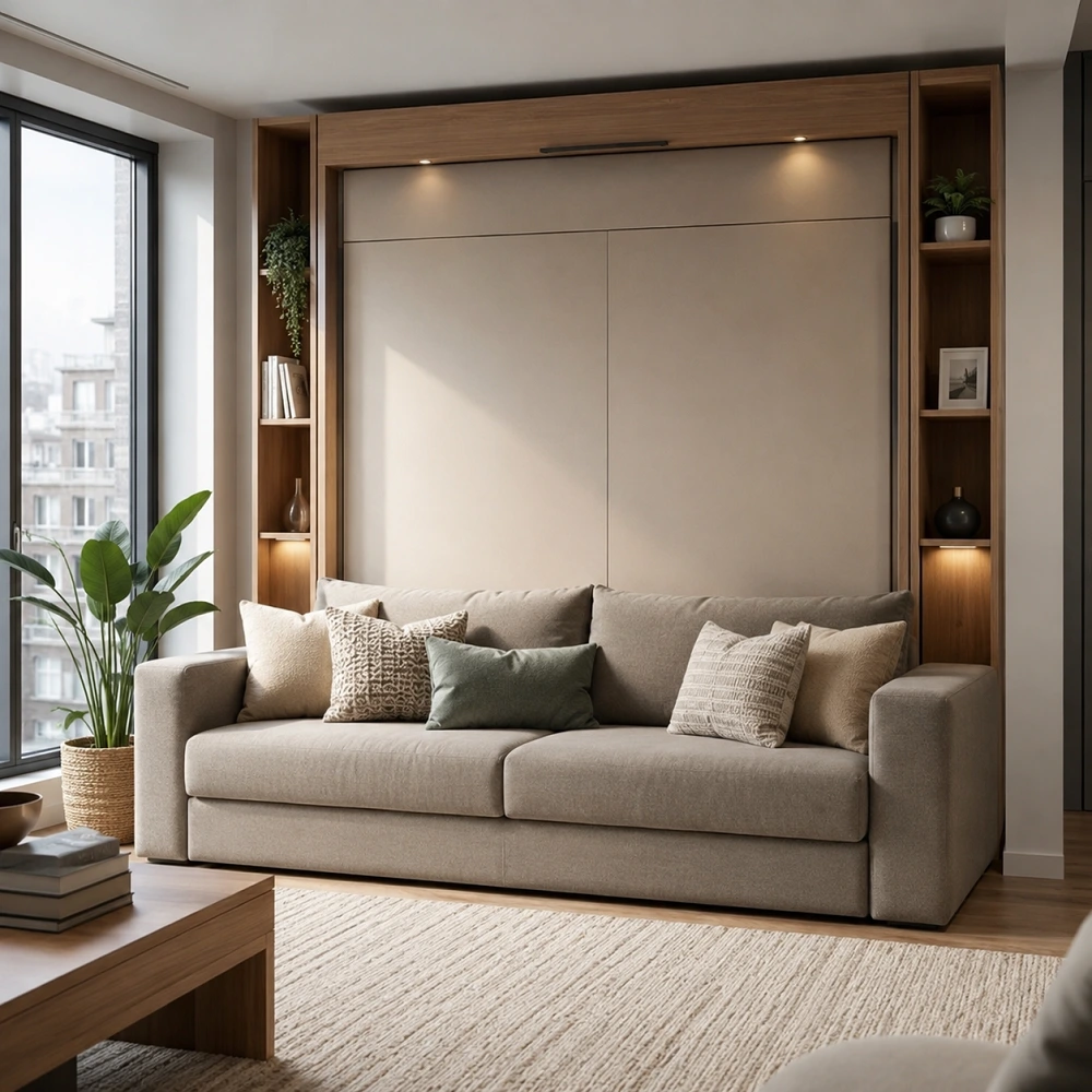 Modern Murphy Bed Design for Montreal Homes (2026) Modern Murphy bed with couch in a small studio apartment
