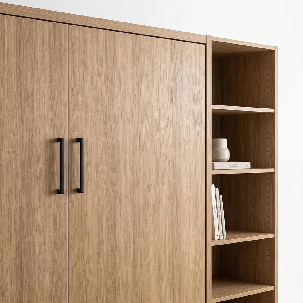 Impressive Twin Wall Bed Benefit for Micro-Condos Customizable modular twin wall bed with modern matte black handles and wood-grain finish options for a bespoke home office or bedroom.
