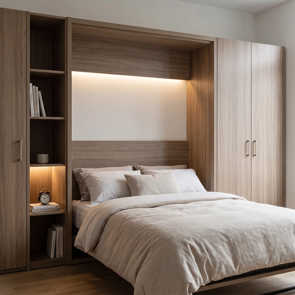 Impressive Twin Wall Bed Benefit for Micro-Condos A lowered twin wall bed with integrated side cabinets and wardrobes, showing that it accommodates a real mattress for comfortable adult use.